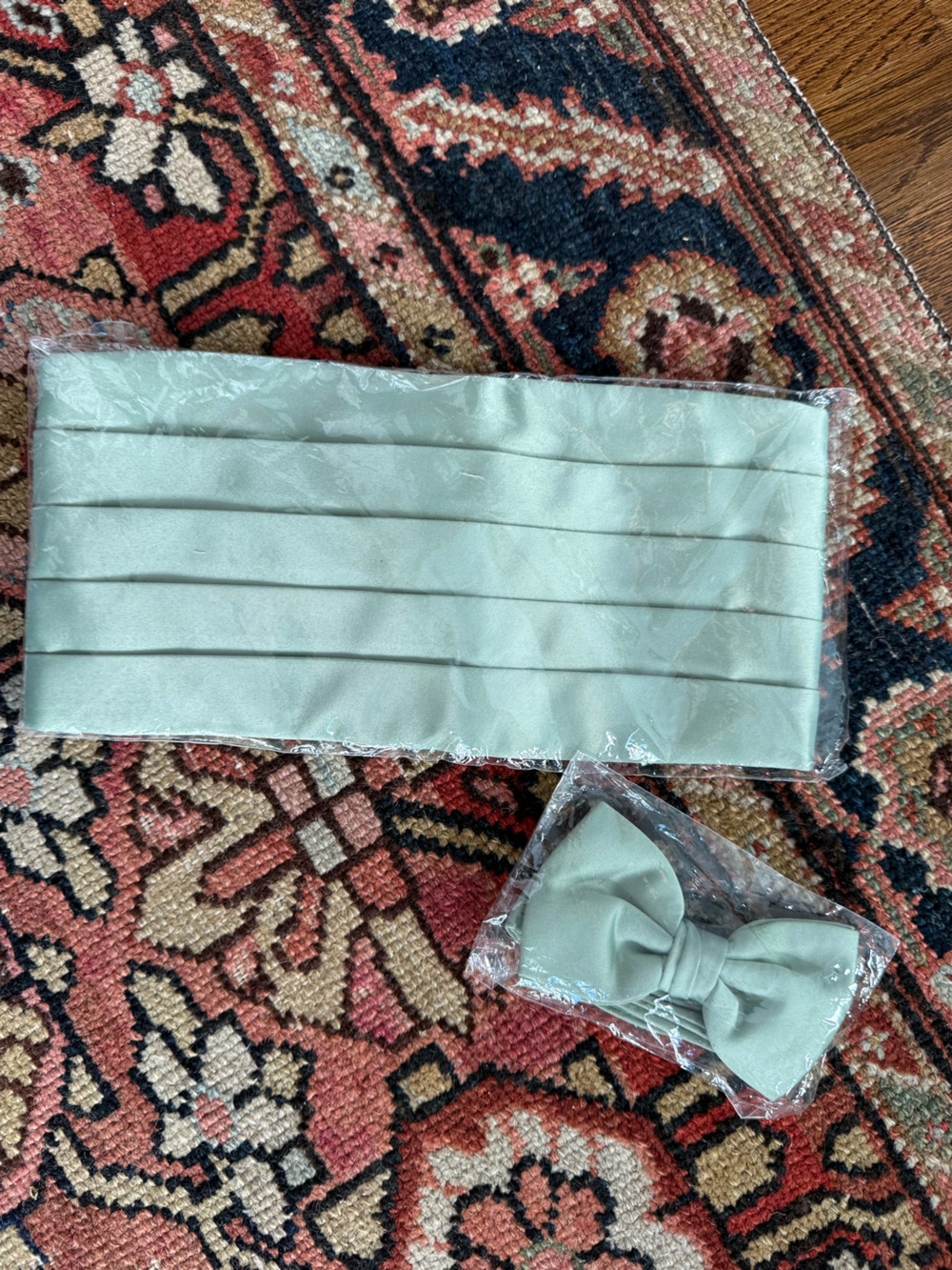 Satin Sage Green men’s black tie cummerbund and bow tie new never opened